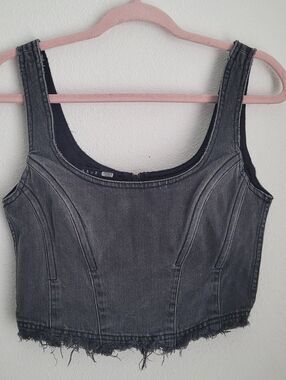 Ksubi Crimez Corset X Rated Black Denim Crop Top Medium Distressed Raw Hem Y2K